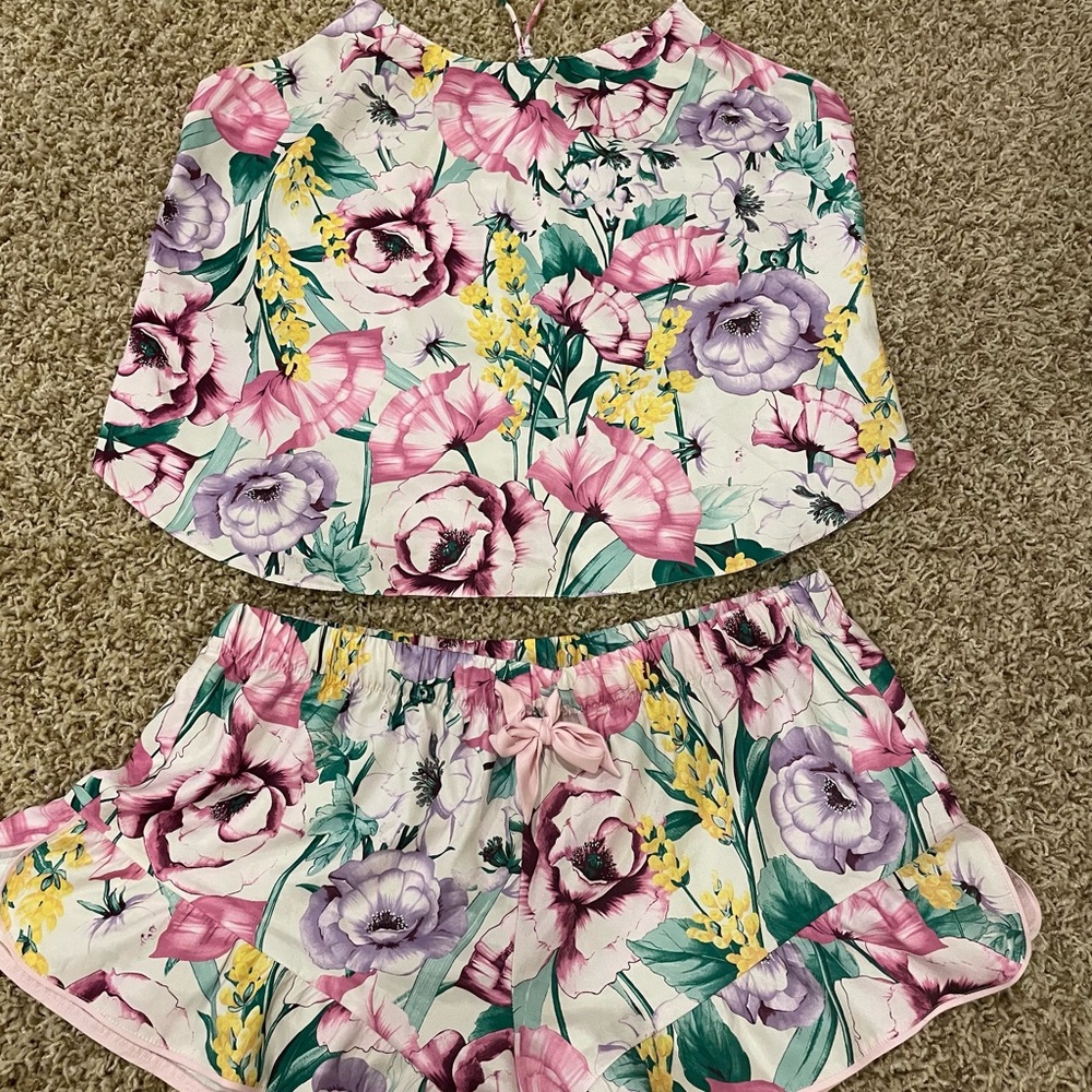 Victoria's Secret Floral Print with Pink and Green 2 piece short and tank set